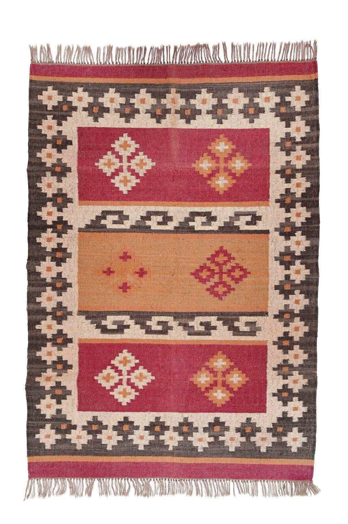 Alfombra Kilim mediana, diseño étnico, multicolor- hecha a mano de Lana y Yute - 120x180 cm - Origen India -Tintes Naturales- Fibras Sostenibles