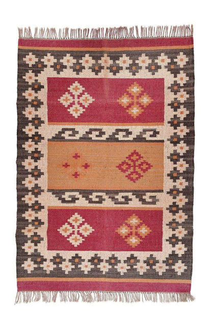 Alfombra Kilim mediana, diseño étnico, multicolor- hecha a mano de Lana y Yute - 120x180 cm - Origen India -Tintes Naturales- Fibras Sostenibles