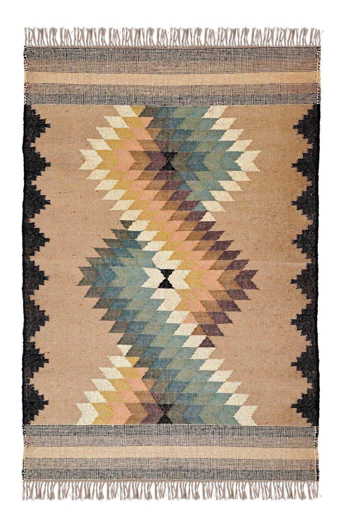 Alfombra Kilim Mediana, diseño étnico, tradicional, tonos tierra, multicolor tejida a mano de Lana y Yute - 120x180 cm