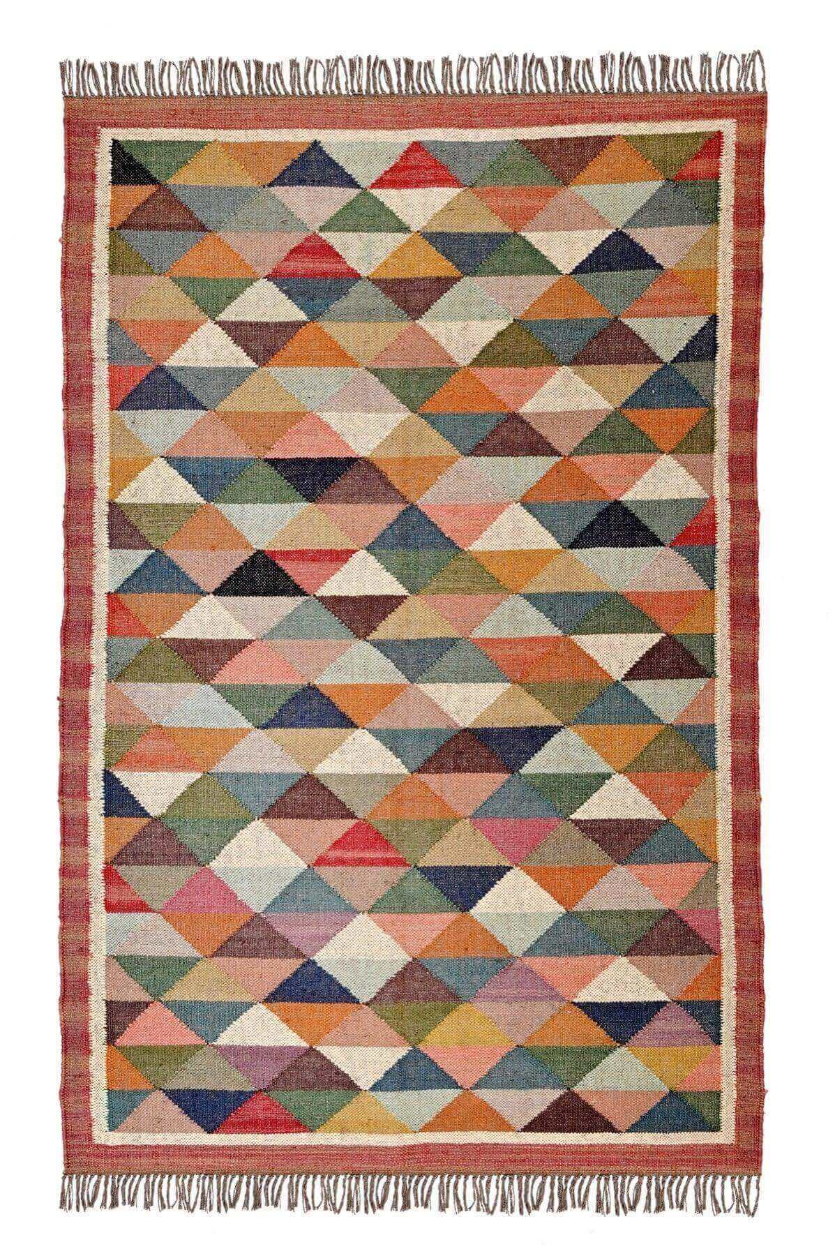 Alfombra Kilim Grande, diseño étnico, tradicional, multicolor tejida a mano de Lana y Yute - 120x180 cm - Origen India