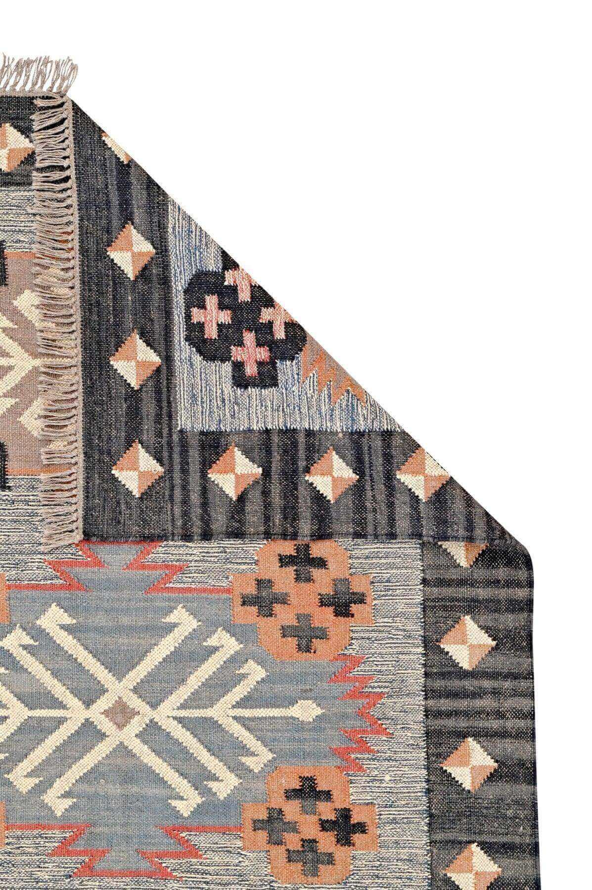 Alfombra Kilim Grande, diseño étnico, clásico, tradicional,  multicolor- hecha a mano de Lana y Yute - 120x180