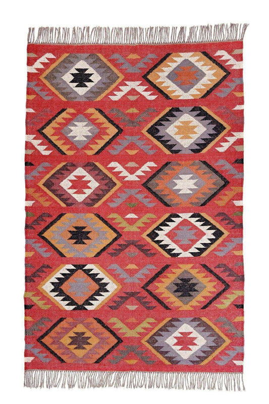 Alfombra Kilim mediana, diseño étnico, multicolor- hecha a mano de Lana y Yute - 120x180 cm - Origen India -Tintes Naturales- Fibras Sostenibles