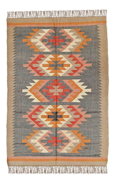 Alfombra Kilim Grande, diseño étnico, clásico, tradicional, verde, multicolor- hecha a mano de Lana y Yute - 120x180