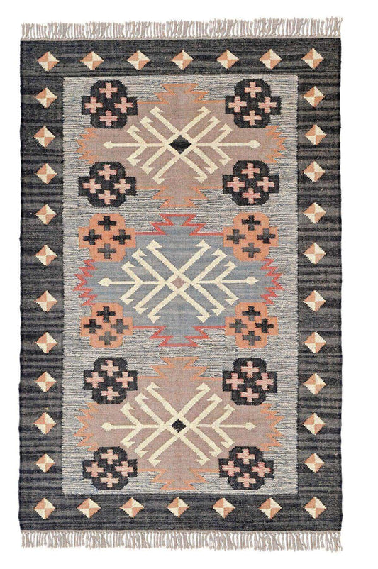 Alfombra Kilim Grande, diseño étnico, clásico, tradicional,  multicolor- hecha a mano de Lana y Yute - 120x180