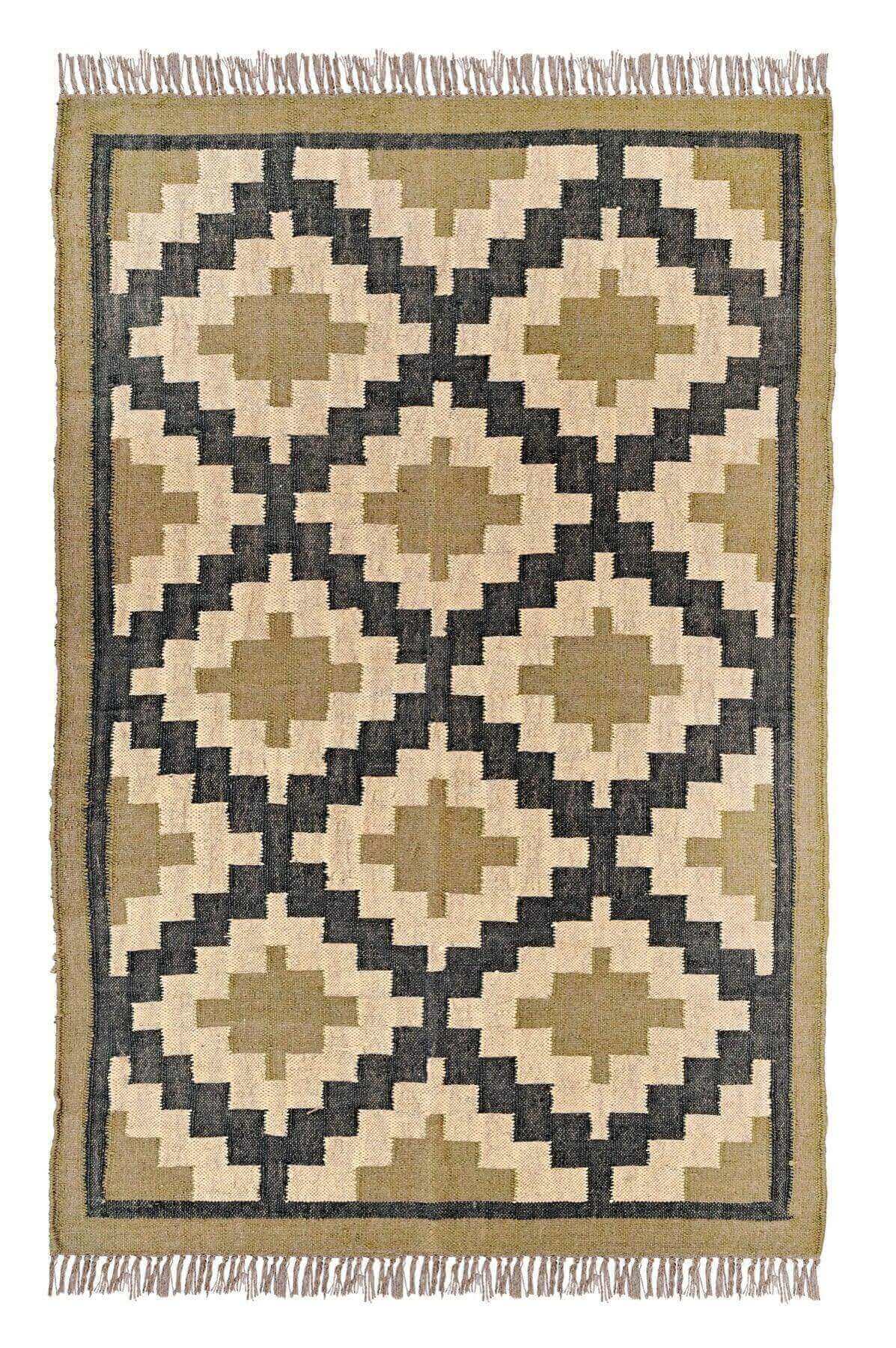 Alfombra Kilim Grande, diseño étnico, tradicional, verde, multicolor tejida a mano de Lana y Yute - 120x180 cm - Origen India