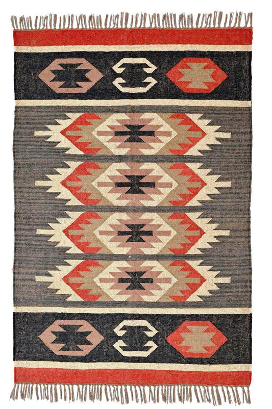 Alfombra Kilim Grande, diseño étnico, tradicional,  gris y multicolor hecha a mano de Lana y Yute - 120x180 cm -