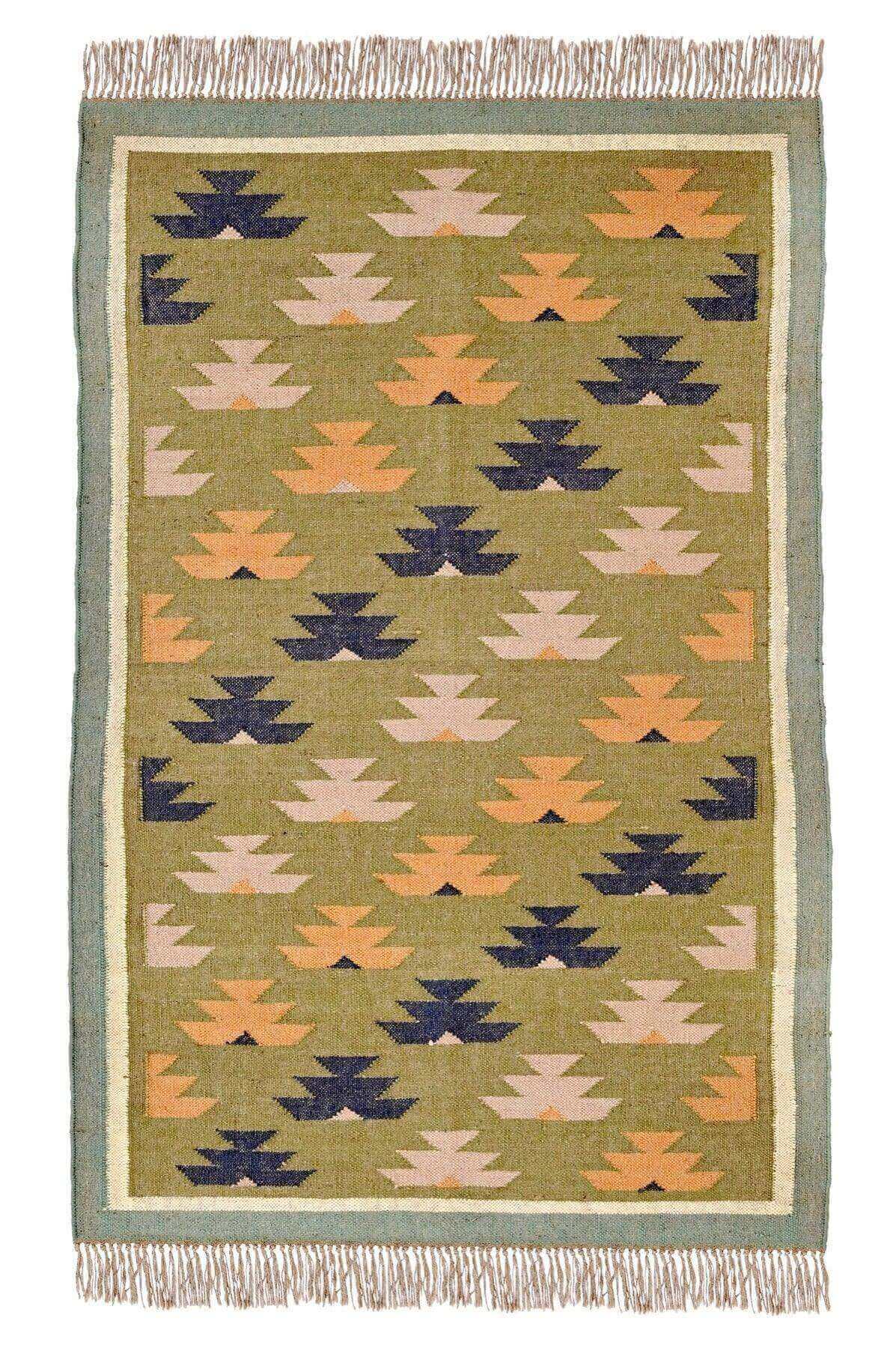 Alfombra Kilim Grande, diseño étnico, clásico, tradicional, verde, multicolor- hecha a mano de Lana y Yute - 120x180