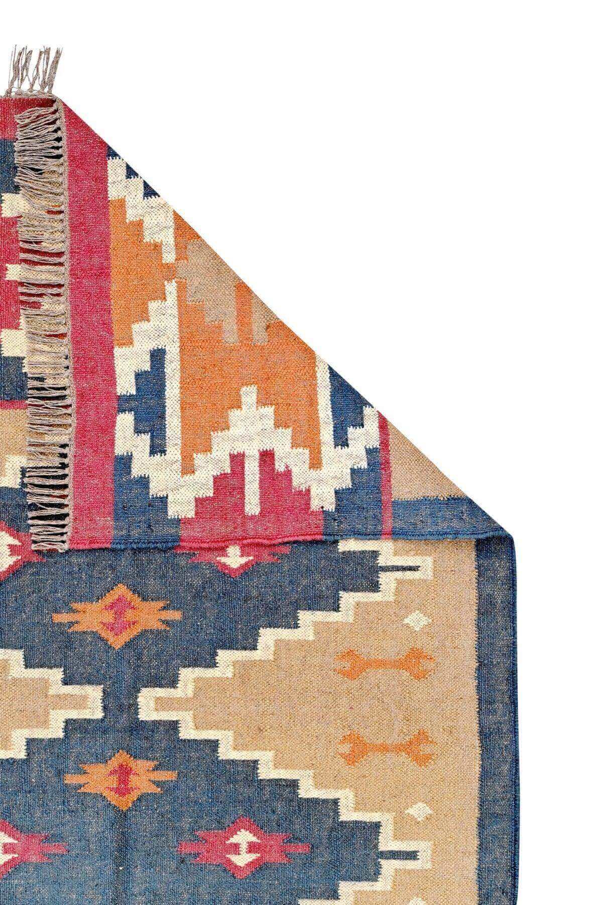 Alfombra Kilim Mediana, diseño étnico, tradicional, azul, multicolor tejida a mano de Lana y Yute - 120x180 cm -