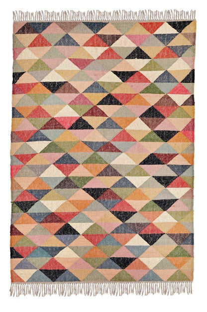 Alfombra Kilim Grande, diseño étnico, tradicional, multicolor tejida a mano de Lana y Yute - 120x180 cm - Origen India