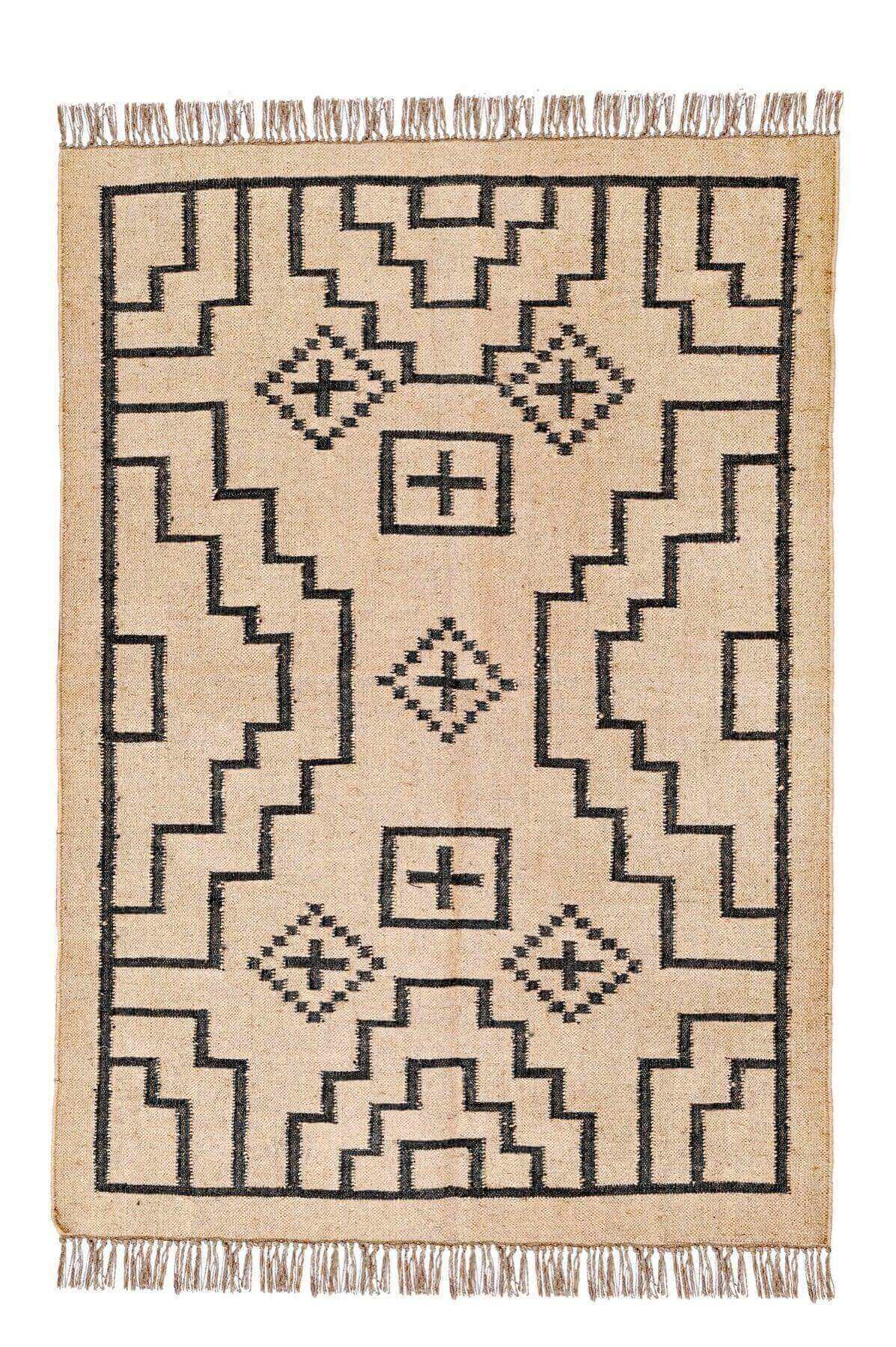 Alfombra Kilim Grande, diseño geométrico, tradicional,  color natural, beige, y negro- hecha a mano de Lana y Yute