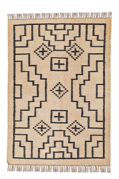 Alfombra Kilim Grande, diseño geométrico, tradicional,  color natural, beige, y negro- hecha a mano de Lana y Yute