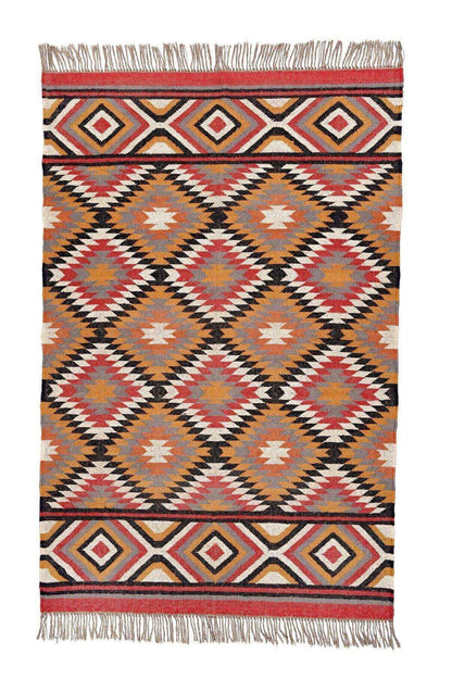 Alfombra Kilim mediana, diseño étnico, multicolor- hecha a mano de Lana y Yute - 120x180 cm - Origen India -Tintes Naturales- Fibras Sostenibles