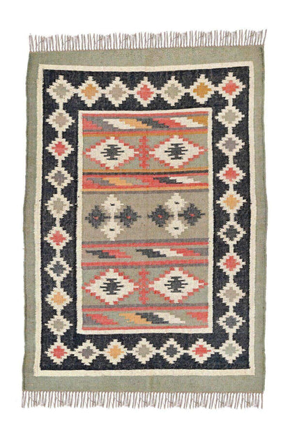 Alfombra Kilim Mediana, diseño étnico, tradicional, verde, multicolor tejida a mano de Lana y Yute - 120x180 cm