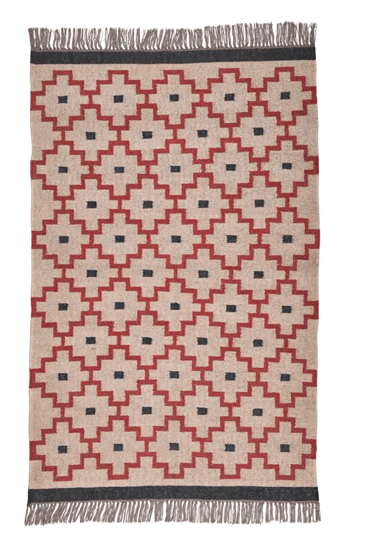 alfombra kilim  roja y negra geometrica