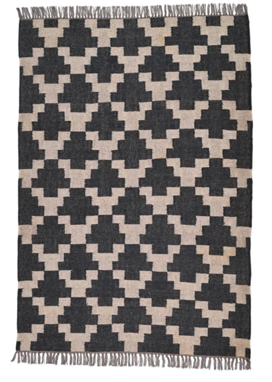 alfombra kilim motivo moderno geometrico, blanco y negro
