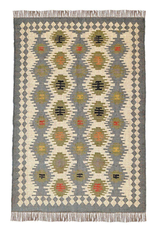 Alfombra Kilim Grande, diseño étnico, tradicional,  tejida a mano de Lana y Yute - 120x180 - Origen India -Tintes Naturales