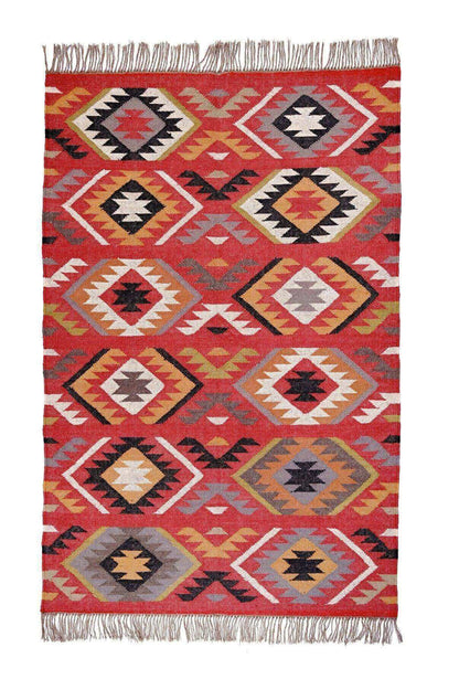 Alfombra Kilim mediana, diseño étnico, multicolor- hecha a mano de Lana y Yute - 120x180 cm - Origen India -Tintes Naturales- Fibras Sostenibles