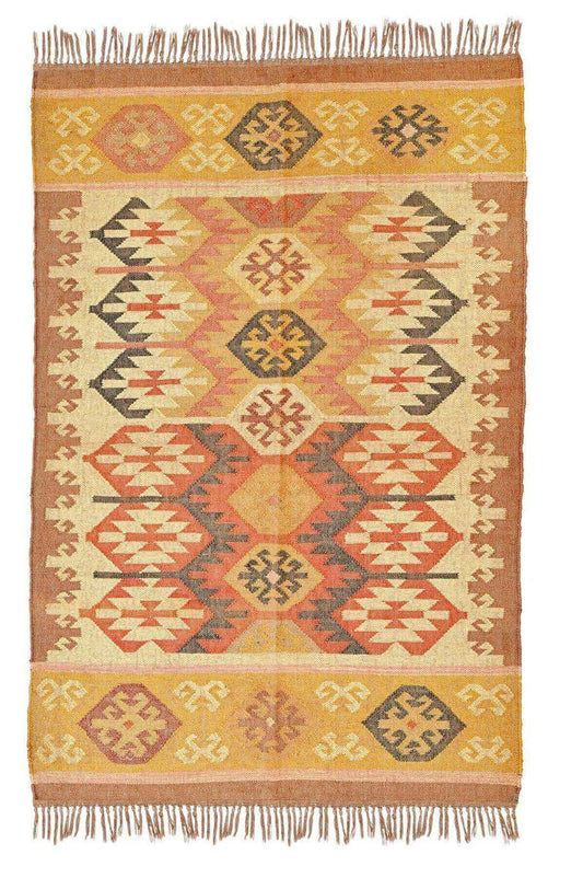 Alfombra Kilim Grande, diseño étnico, clásico, tradicional, multicolor- hecha a mano de Lana y Yute - 120x180