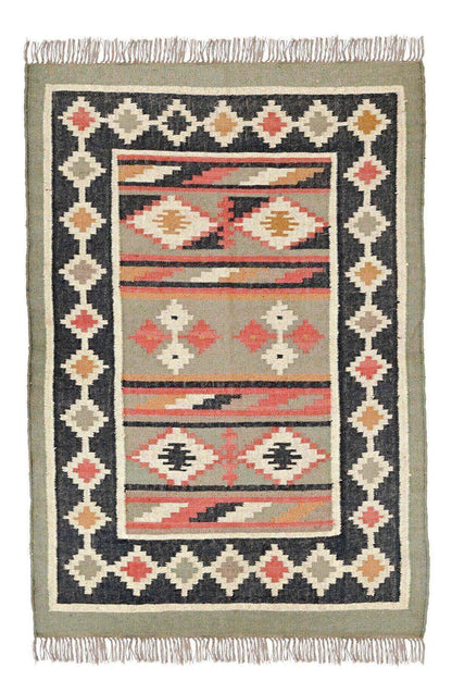 Alfombra Kilim Grande, diseño étnico, clásico, tradicional,  multicolor- hecha a mano de Lana y Yute - 120x180 cm