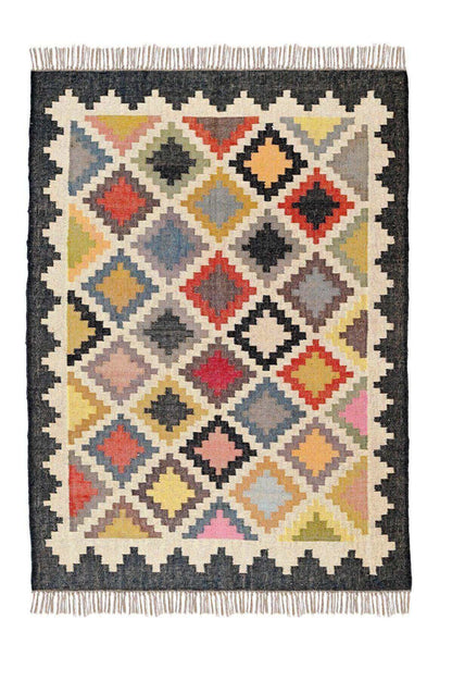 Alfombra Kilim mediana, diseño étnico, clásico, tradicional, tonos tierra,  multicolor- hecha a mano de Lana y Yute - 120x180