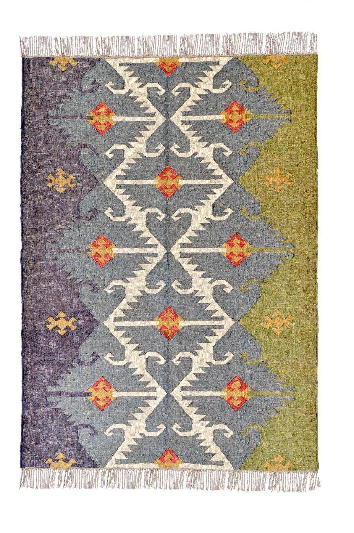 Alfombra Kilim Grande, diseño étnico, clásico, tradicional, moderno, multicolor- hecha a mano de Lana y Yute - 150x210