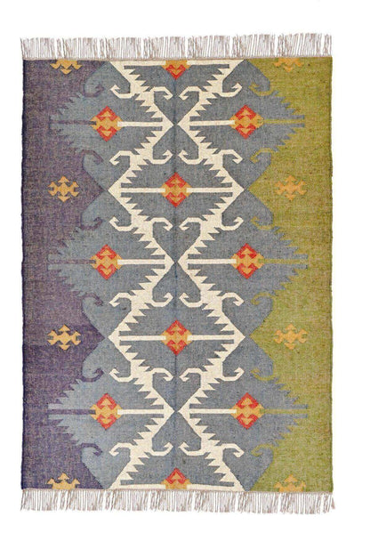 Alfombra Kilim Grande, diseño étnico, clásico, tradicional, moderno, multicolor- hecha a mano de Lana y Yute - 150x210