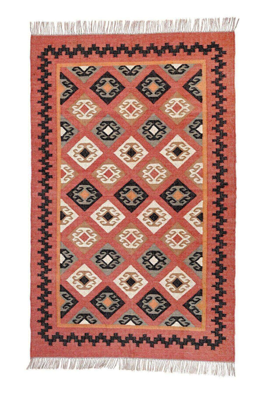 Alfombra Kilim Grande, diseño étnico,multicolor, hecha a mano de Lana y Yute - 180x270 cm - Origen India -Tintes Naturales- Fibras Sostenibles