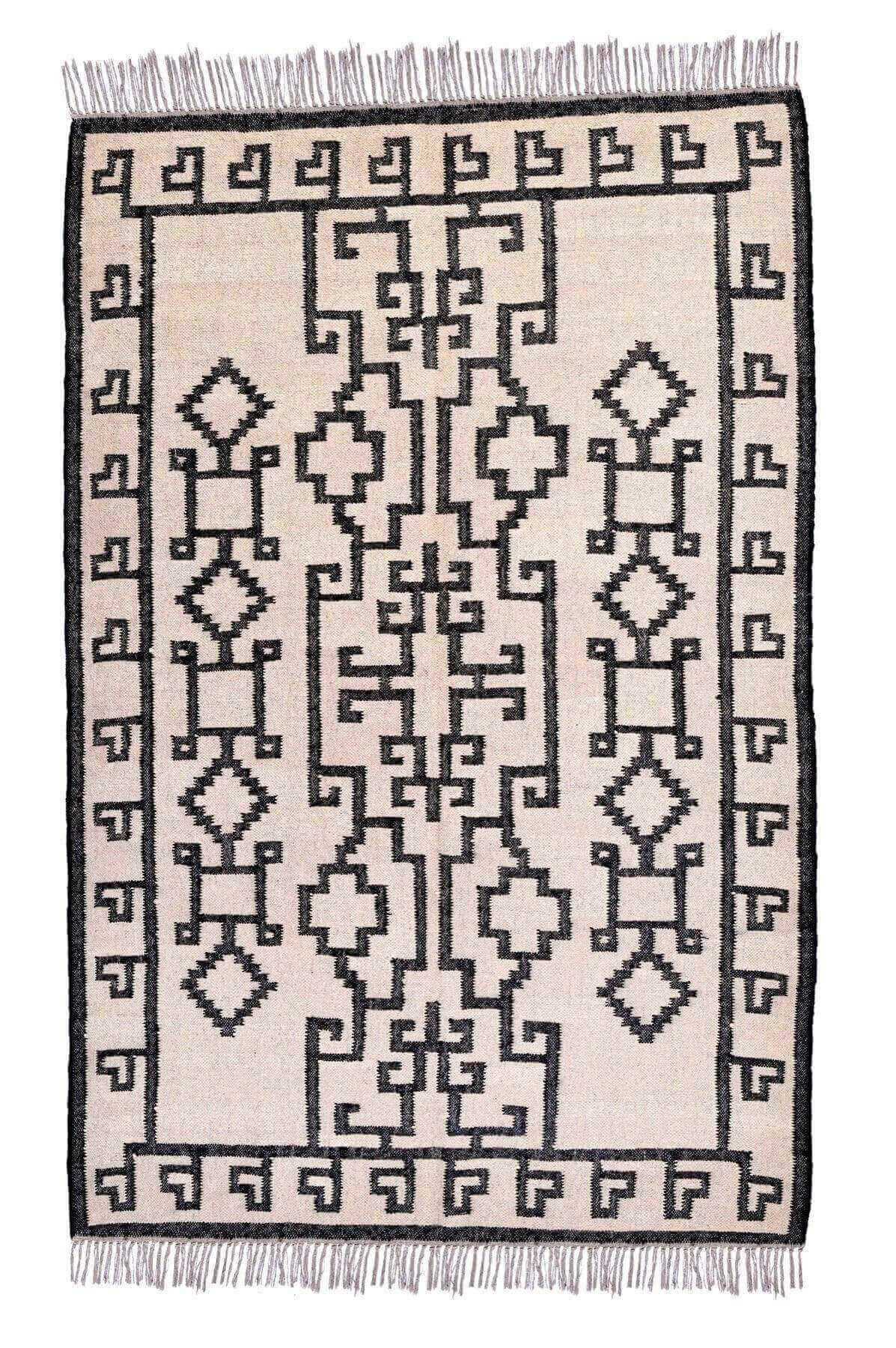 Alfombra Kilim Grande, diseño étnico, moderno, tradicional, negro, beige, natural- hecha a mano de Lana y Yute - 150x240