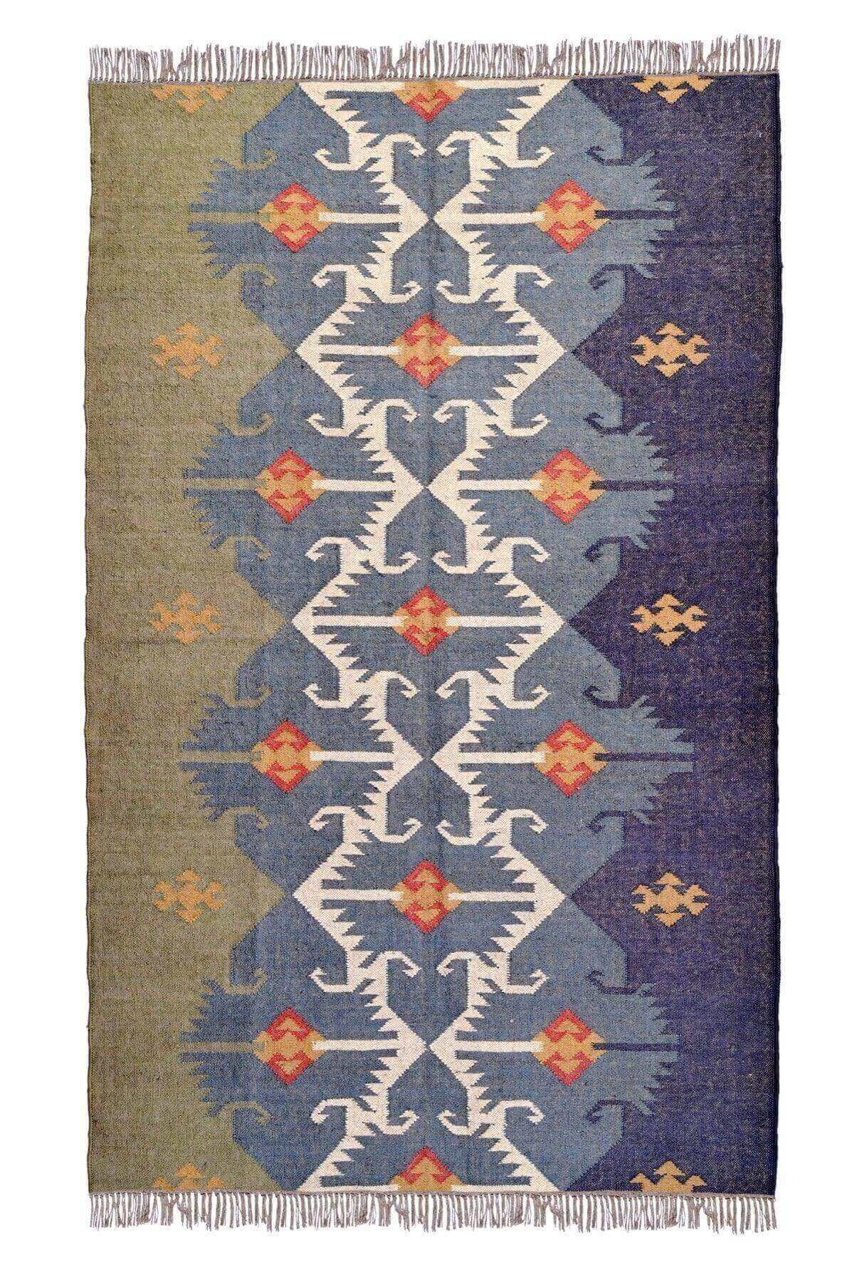 Alfombra Kilim Grande, diseño étnico, moderno, Gris, verde, azul, multicolor- hecha a mano de Lana y Yute,150x240 cm