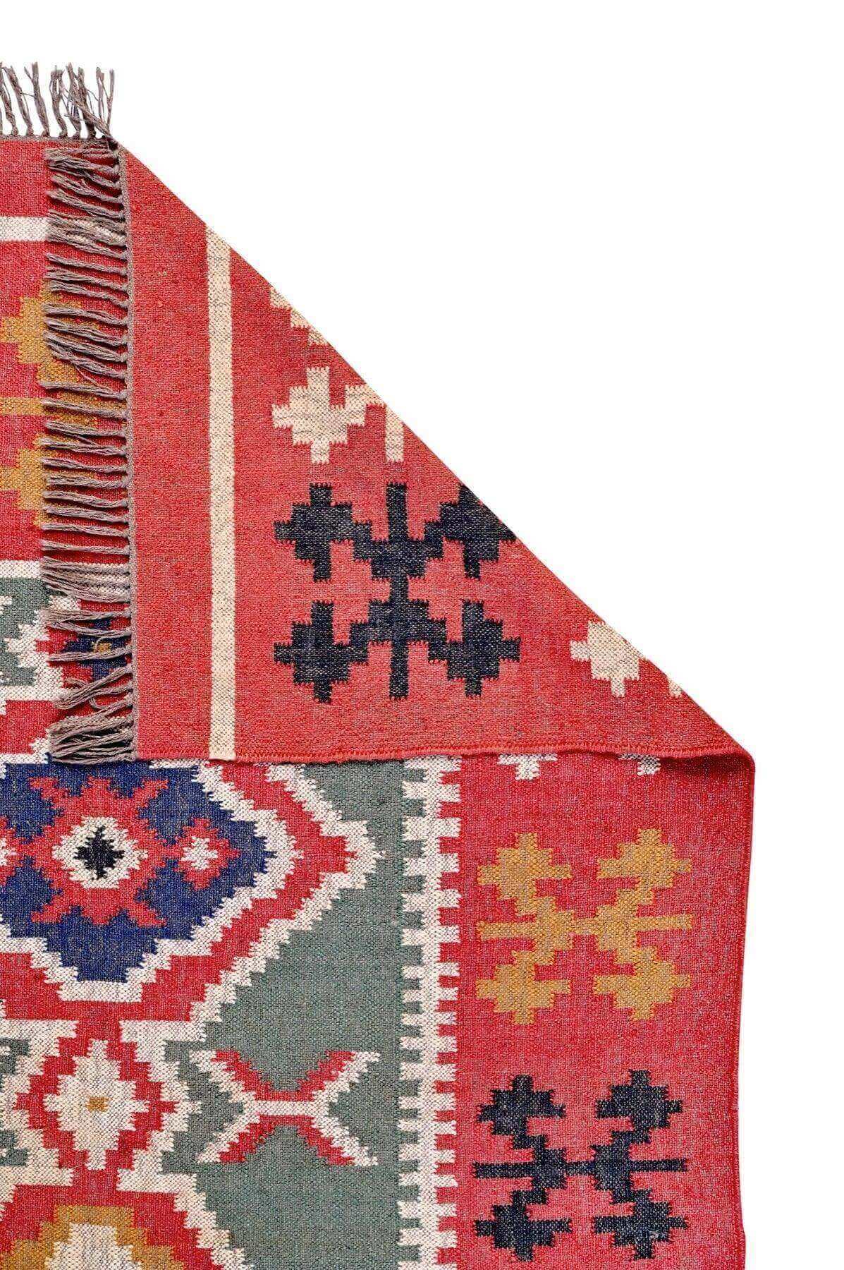 Alfombra Kilim Grande, diseño étnico, clásico, tradicional, rojo, blanco, azul, multicolor- hecha a mano de Lana y Yute