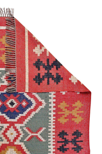 Alfombra Kilim Grande, diseño étnico, clásico, tradicional, rojo, blanco, azul, multicolor- hecha a mano de Lana y Yute