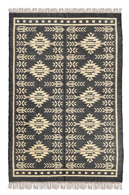 Alfombra Kilim Grande, diseño étnico, moderno, tradicional, Negro-Beige, multicolor- hecha a mano de Lana y Yute - 150x240