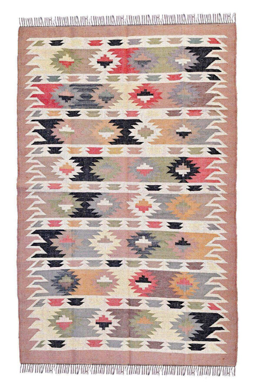 Alfombra Kilim Grande, diseño étnico, clásico, tradicional, rosa, multicolor- hecha a mano de Lana y Yute - 150x240 cm