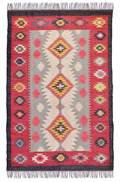 Alfombra salon Kilim Grande, diseño étnico, moderno, tradicional, tonos tierra, multicolor- hecha a mano de Lana y Yute