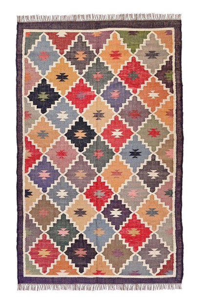 Alfombra Kilim Grande, diseño étnico, moderno, tradicional, multicolor- hecha a mano de Lana y Yute - 150x240 cm