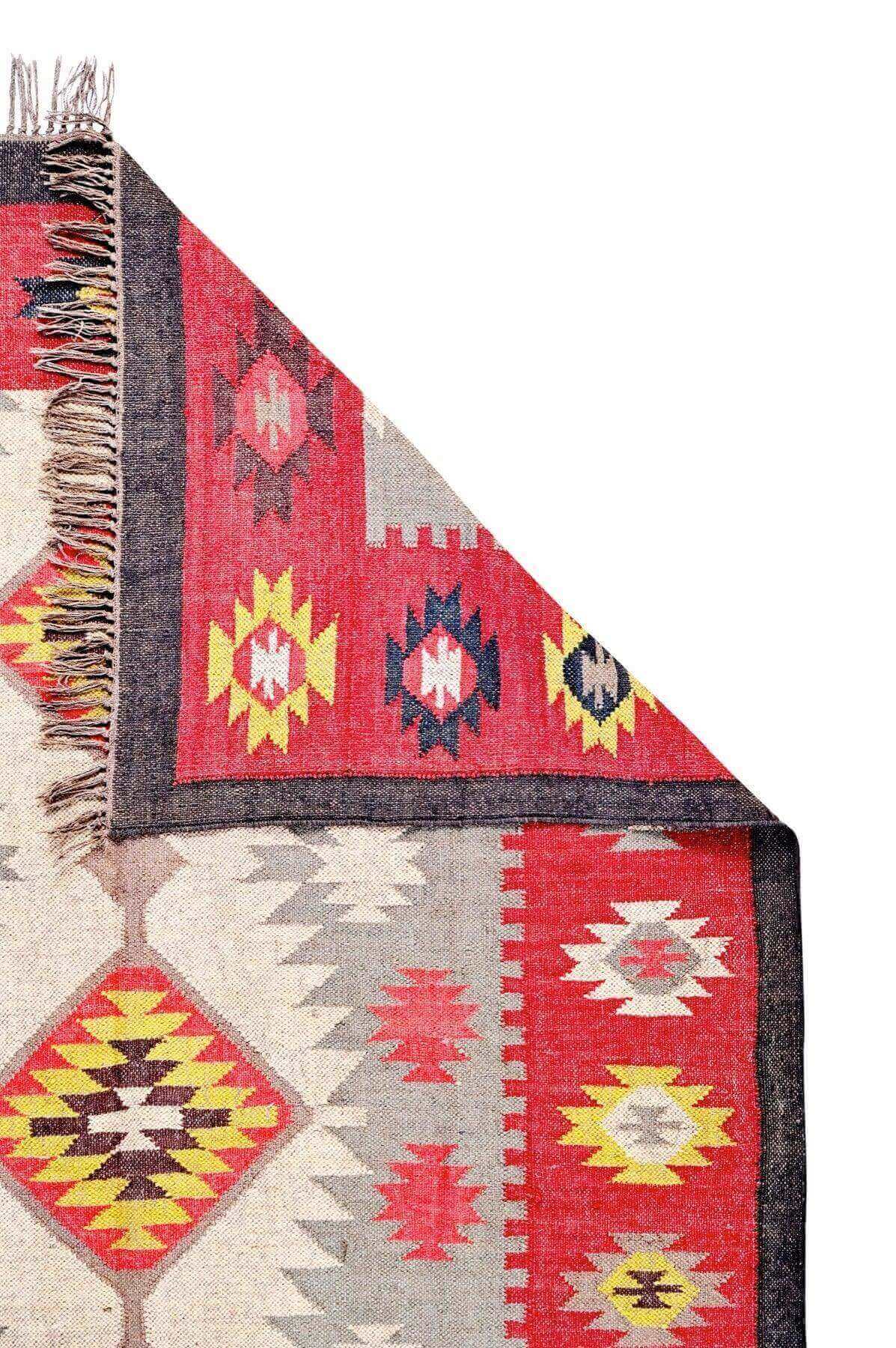 Alfombra salon Kilim Grande, diseño étnico, moderno, tradicional, tonos tierra, multicolor- hecha a mano de Lana y Yute