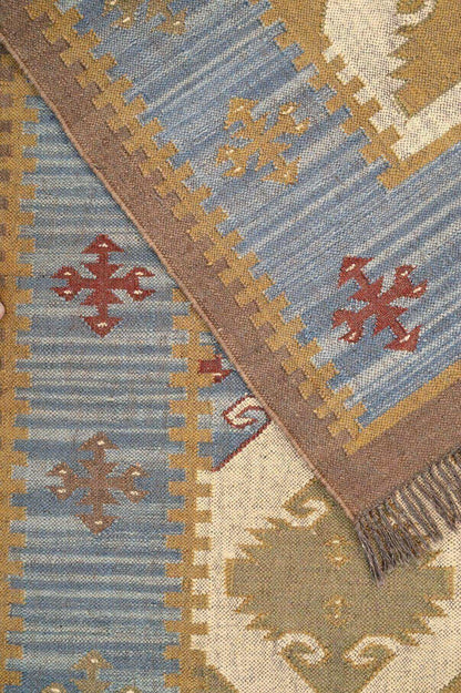 alfombra kilim azul, lana y yute, alfombras y kilims, hechos a mano, India, Azul y natural