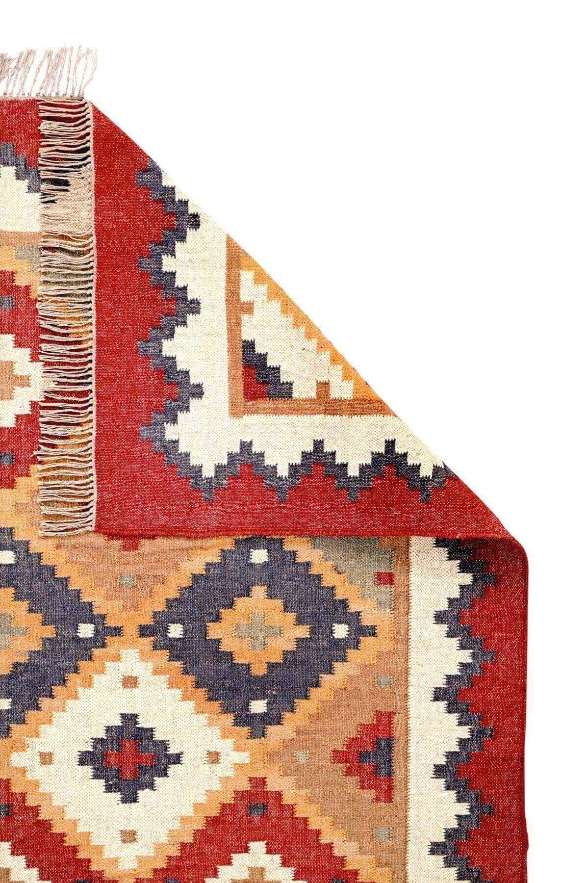 Alfombra Kilim Grande, diseño étnico,multicolor, hecha a mano de Lana y Yute - 180x270 cm - Origen India -Tintes Naturales- Fibras Sostenibles