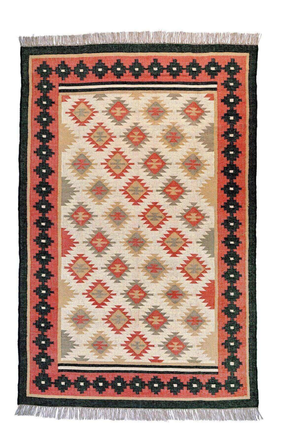 Alfombra Kilim Grande, diseño étnico, moderno, tradicional, hecha a mano de Lana y Yute - 180x270 cm - Origen India -Tintes Naturales- Fibras Sostenibles