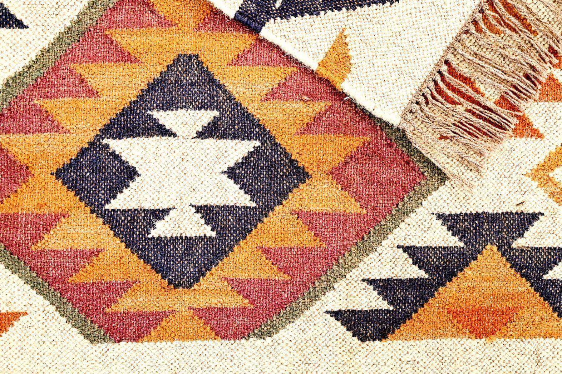 Alfombra Kilim Grande, diseño étnico,multicolor, hecha a mano de Lana y Yute - 180x270 cm - Origen India -Tintes Naturales- Fibras Sostenibles