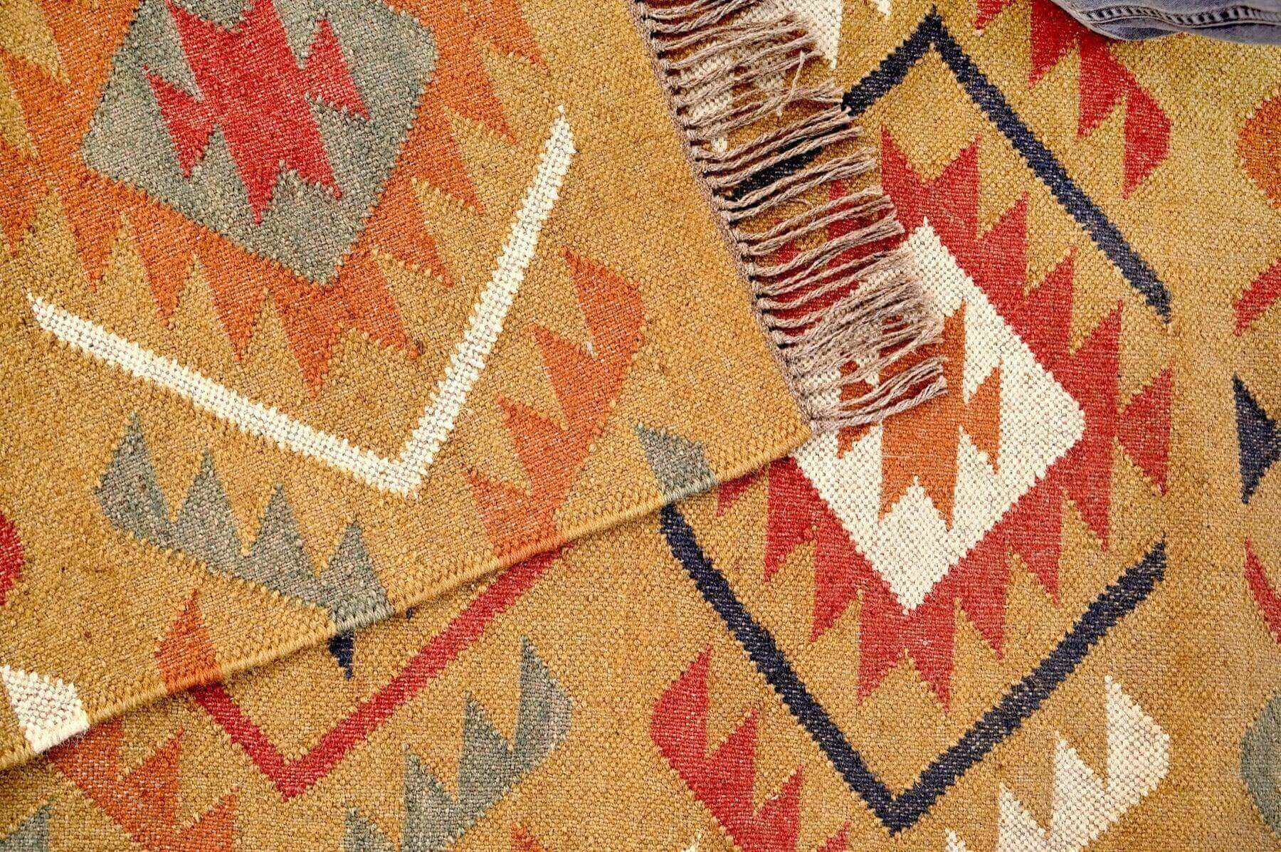 Alfombra Kilim Grande, diseño étnico,multicolor, hecha a mano de Lana y Yute - 180x270 cm - Origen India -Tintes Naturales- Fibras Sostenibles