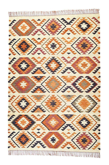 Alfombra Kilim Grande, diseño étnico,multicolor, hecha a mano de Lana y Yute - 180x270 cm - Origen India -Tintes Naturales- Fibras Sostenibles