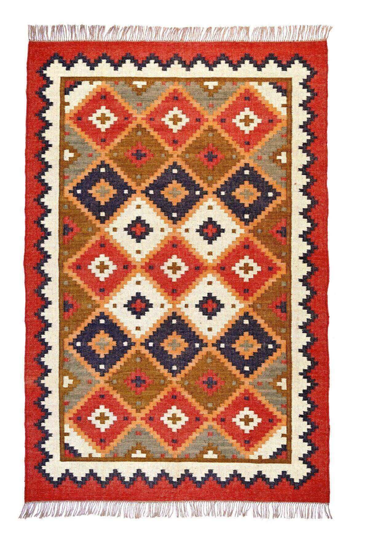 Alfombra Kilim Grande, diseño étnico,multicolor, hecha a mano de Lana y Yute - 180x270 cm - Origen India -Tintes Naturales- Fibras Sostenibles