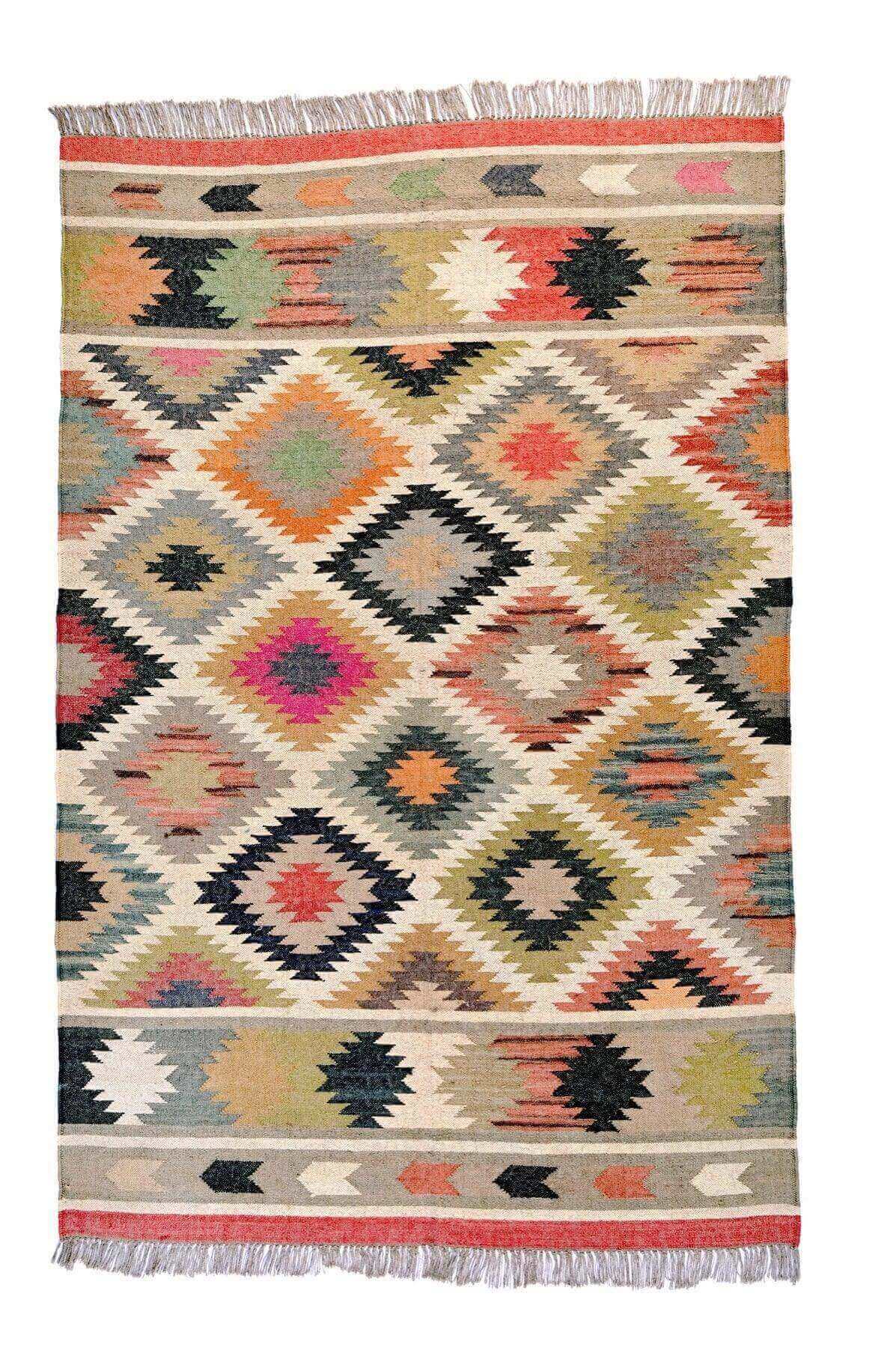 Alfombra Kilim Grande, diseño étnico, moderno, tradicional, hecha a mano de Lana y Yute - 180x270 cm - Origen India -Tintes Naturales- Fibras Sostenibles