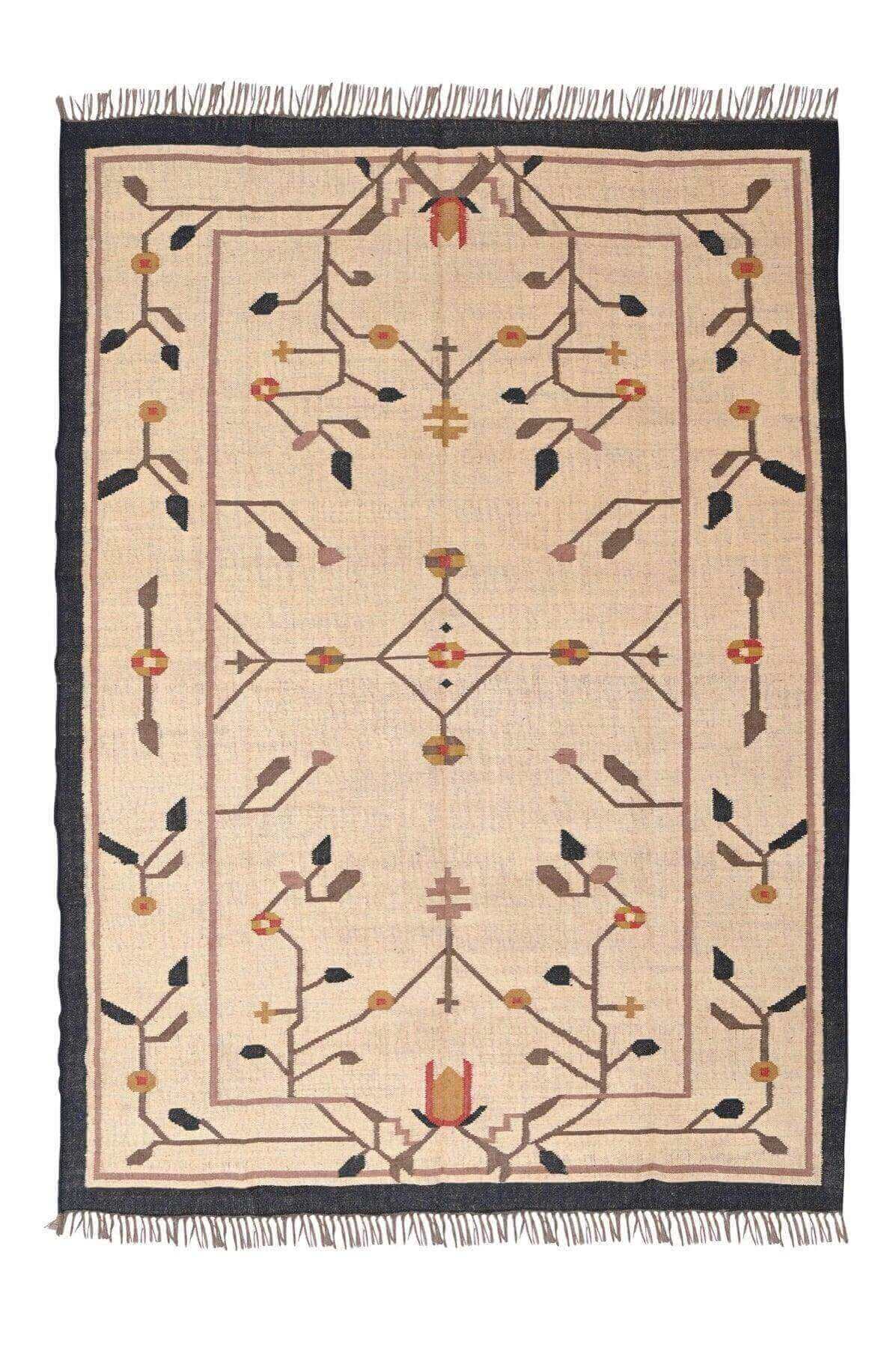 Alfombra Salon Kilim Grande, diseño étnico, moderno, tradicional, hecha a mano de Lana y Yute - 240x300