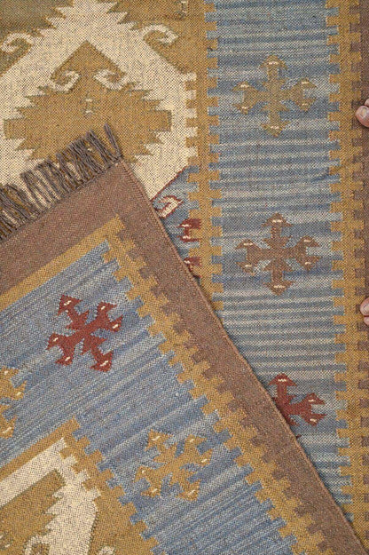 alfombra kilim azul, lana y yute, alfombras y kilims, hechos a mano, India, Azul y natural