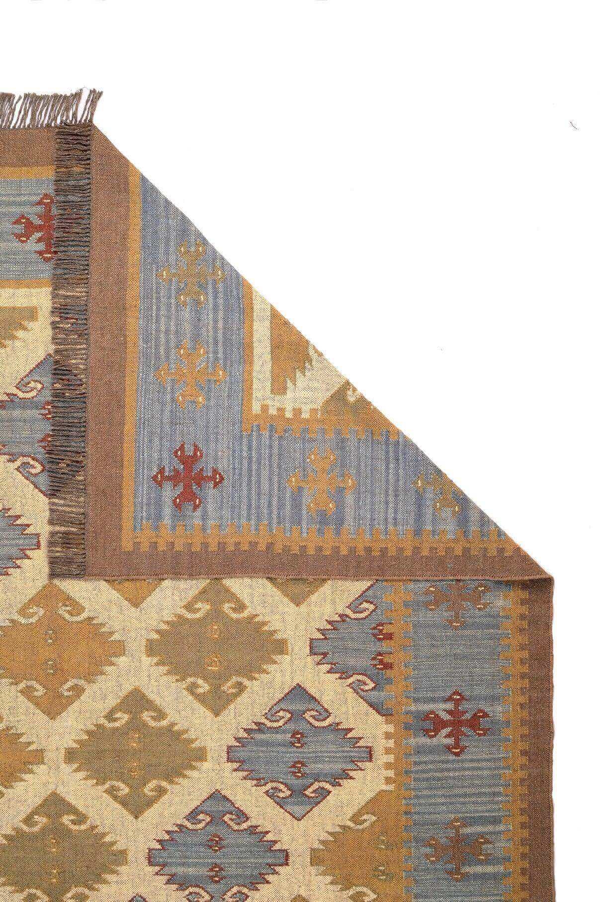 alfombra kilim azul, lana y yute, alfombras y kilims, hechos a mano, India, Azul y natural