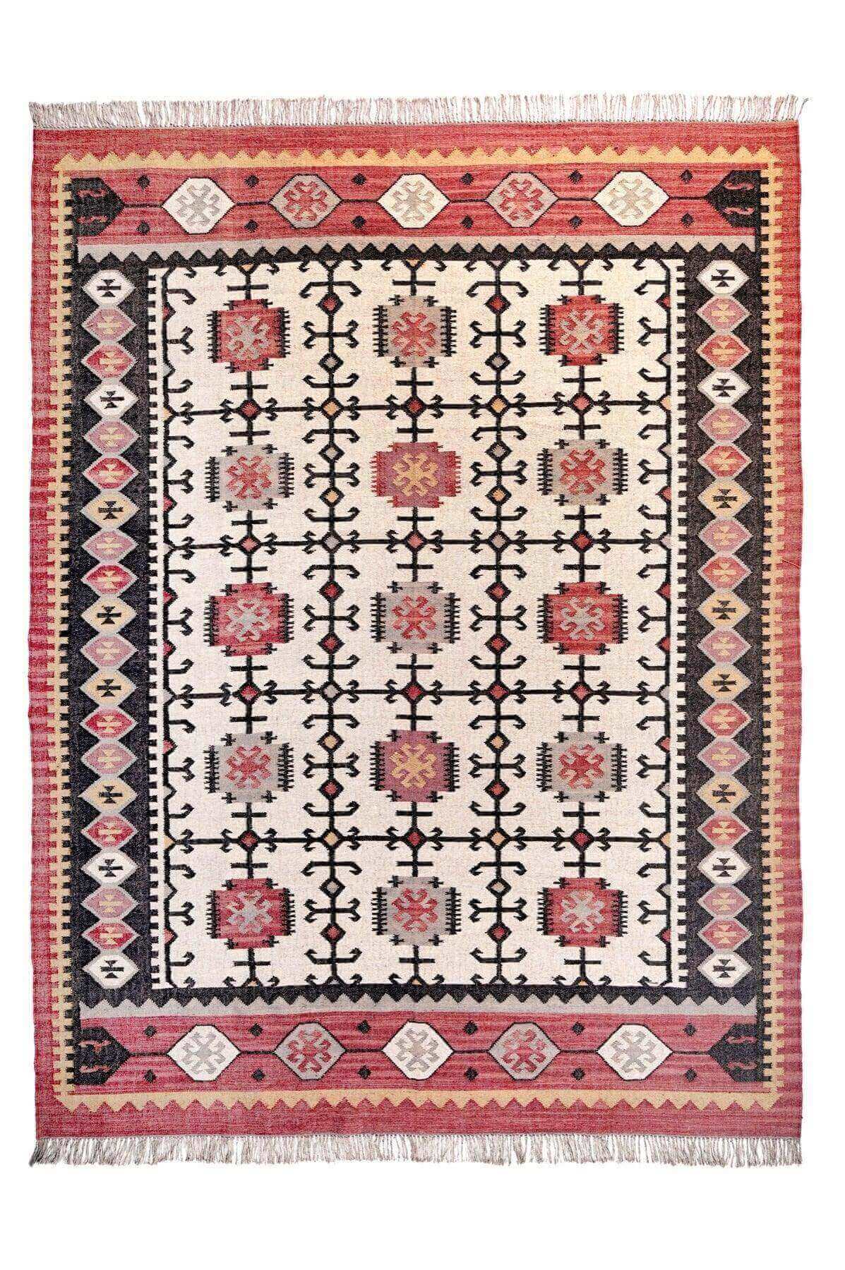 Alfombra Kilim Grande, diseño étnico,multicolor, hecha a mano de Lana y Yute - 180x270 cm - Origen India -Tintes Naturales- Fibras Sostenibles