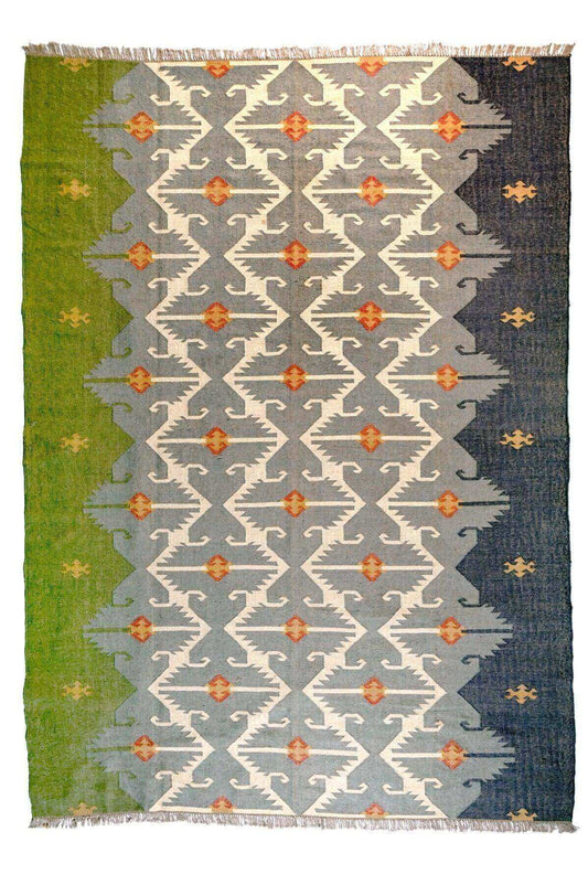 alfombra kilim grande alfombra de salon , Kilim azul, verde y gris, de lana y yute, hecha a mano