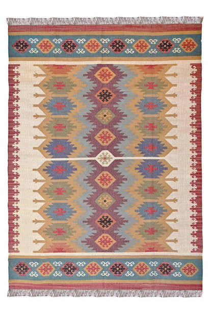 Alfombra Kilim Grande, diseño étnico, moderno, tradicional, Multicolor, hecha a mano de Lana y Yute - 270x360cm